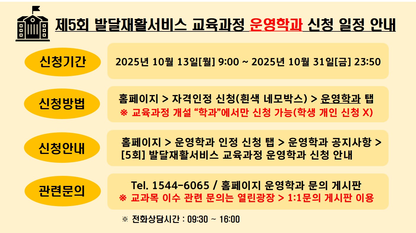 제5회 발달재활서비스 교육과정 운영학과 신청 일정 안내입니다. 신청기간은 2025년 10월 13일 월요일 9:00 부터 2025년 10월 31일 금요일 23:50 까지 입니다. 신청방법 홈페이지 자격인정 신청(흰색 네모박스)  운영학과 탭 교육과정 개설 “학과”에서만 신청 가능. 학생 개인 신청 안됩니다. 신청안내  홈페이지  운영학과 인정 신청 탭 운영학과 공지사항 [5회] 발달재활서비스 교육과정 운영학과 신청 안내. 관련문의 Tel. 1544-6065 / 홈페이지 운영학과 문의 게시판 교과목 이수 관련 문의는 열린광장 > 1:1문의 게시판 이용하시길 바랍니다. 전화상담시간은 9:30 부터 16:00 까지 입니다.